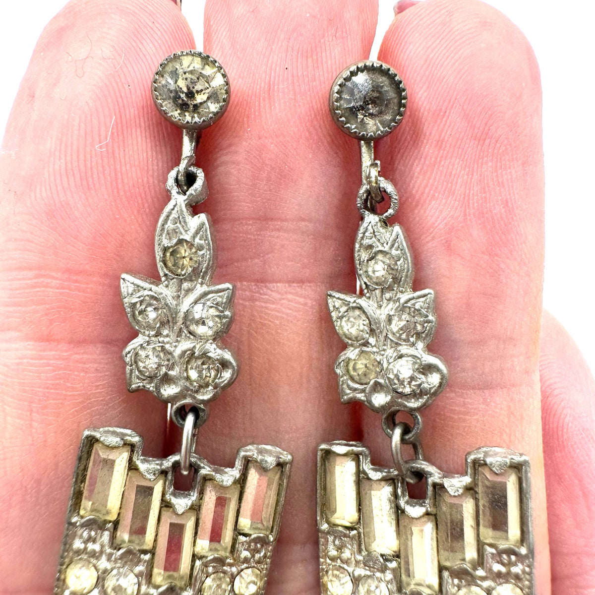 Antique Art Deco silver tone Czech glass rhinestones drop screw back earrings