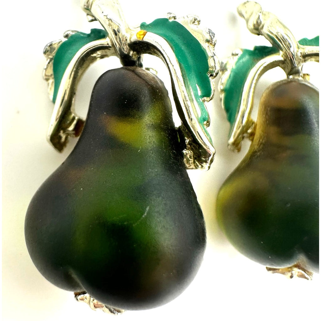 Set 2 vintage gold tone green Austrian art glass enamel pears brooches pins