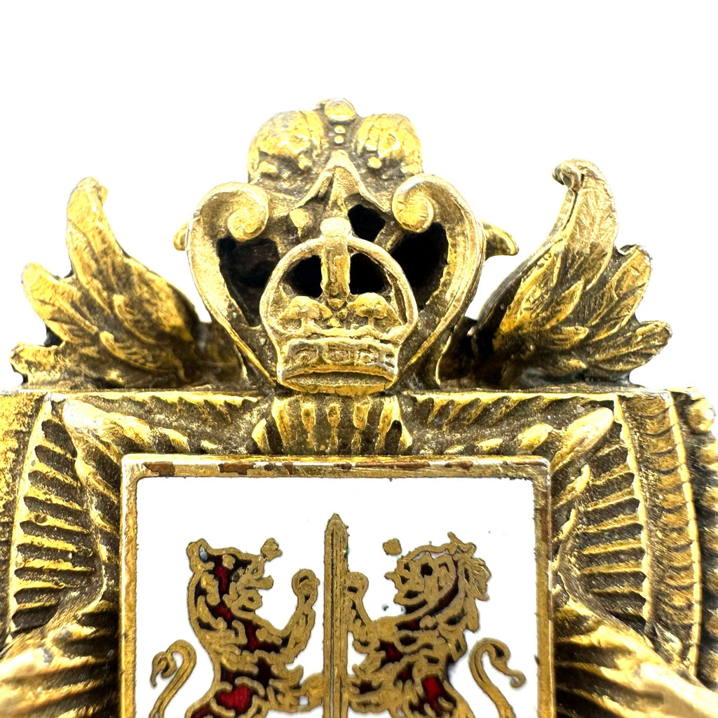 Vintage gold tone Heraldic white red enamel crest shield lion sword crown brooch