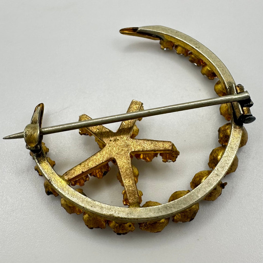 Antique Victorian gold gilt clear glass rhinestones crescent moon star brooch