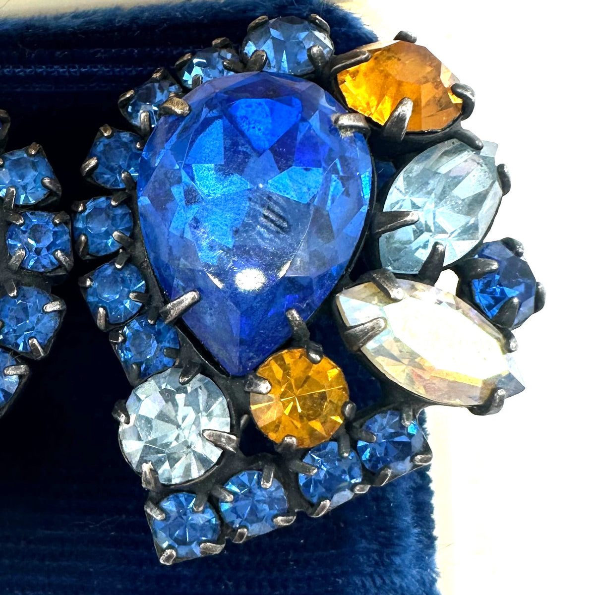Vendome silver tone aurora borealis AB blue orange rhinestones clip on earrings