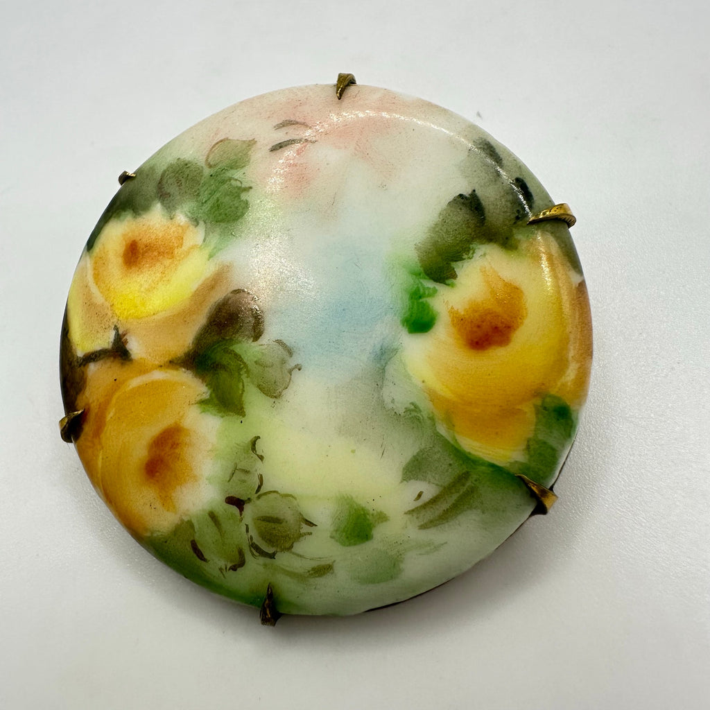 Antique Victorian Edwardian hand painted green yellow round floral brooch pin