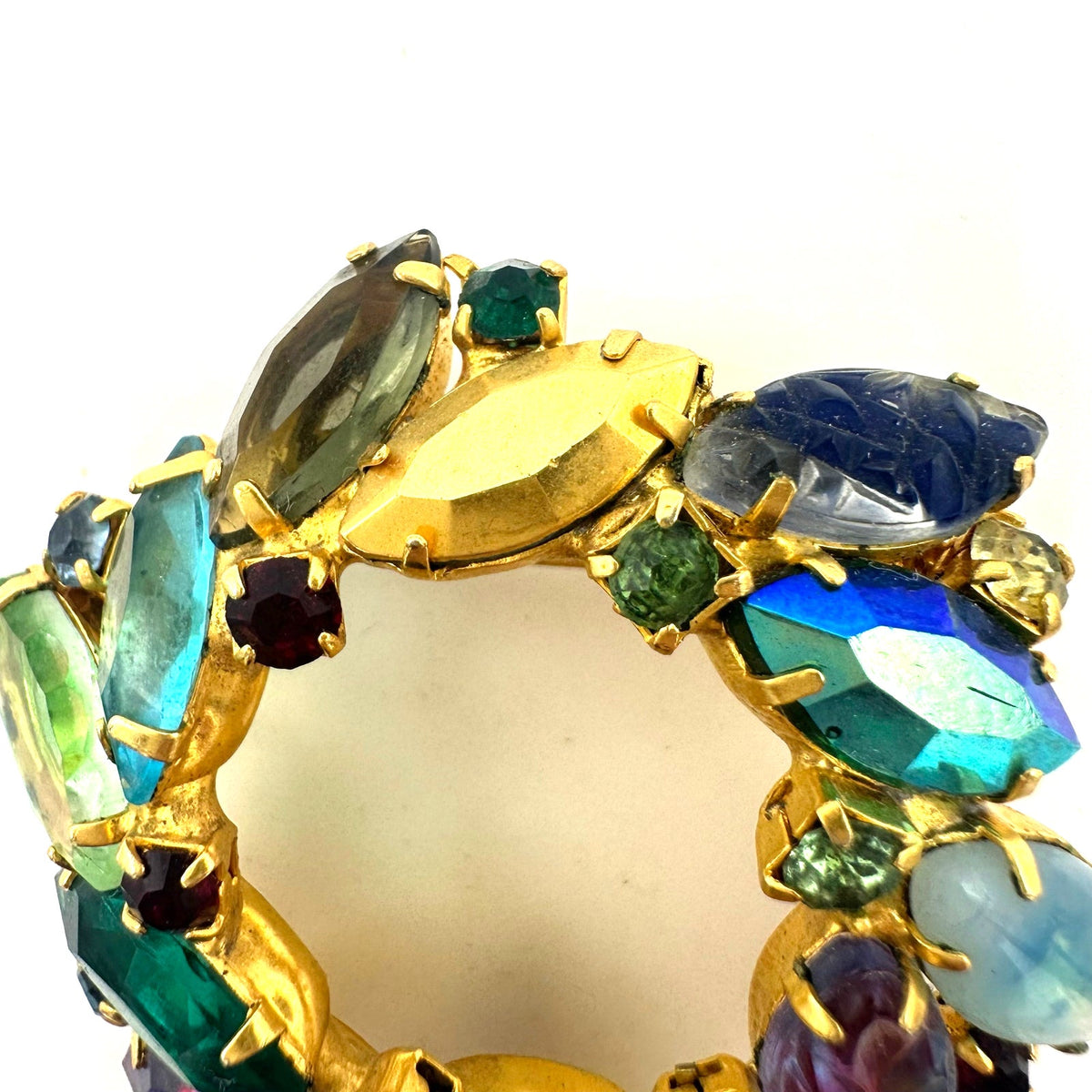 Vintage gold tone multicolor fruit salad art glass rhinestones wreath brooch