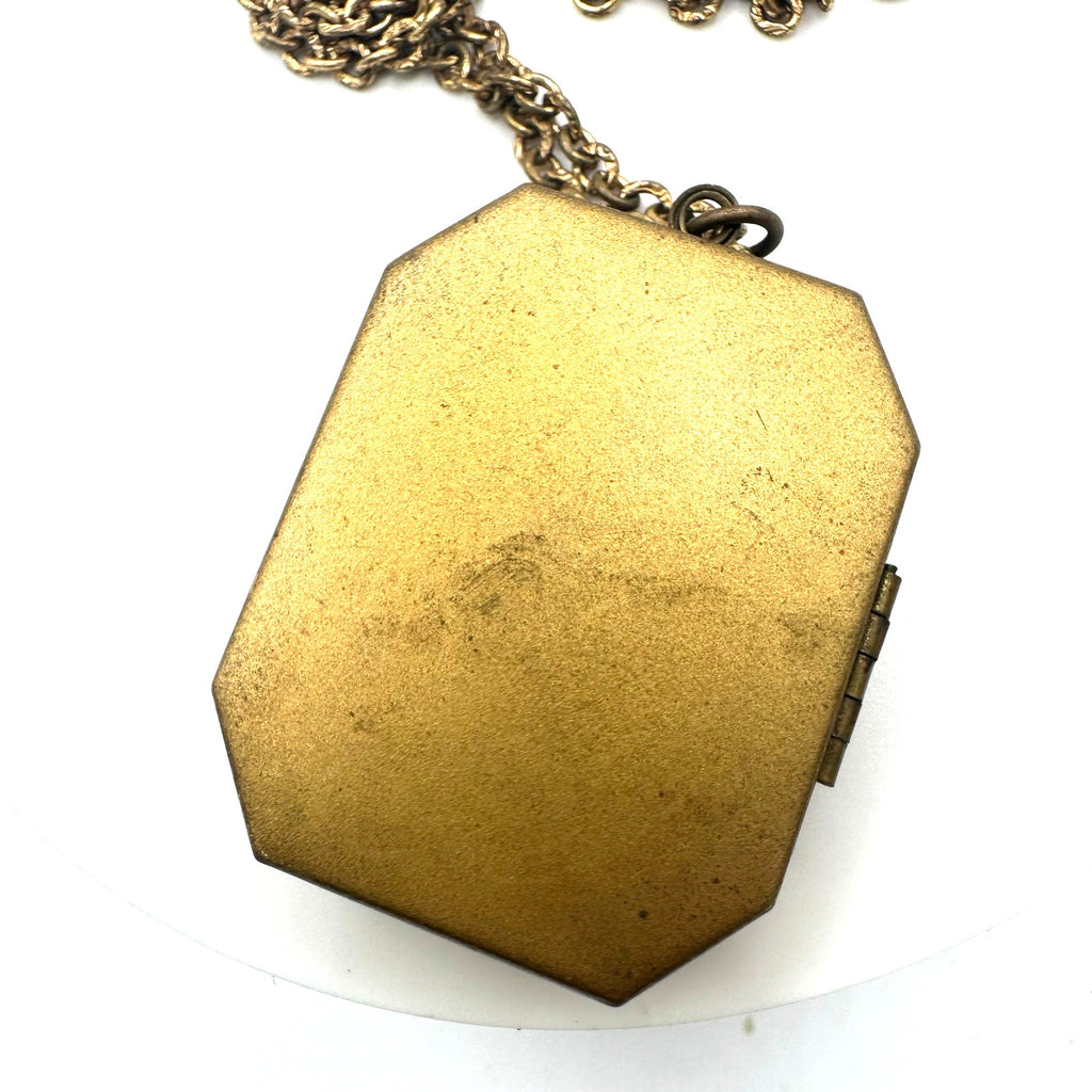 Antique Art Deco 1920s 1930s gold tone cameo locket 19” chain necklace