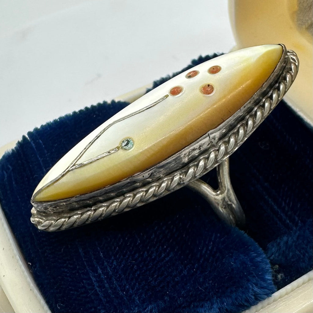 Zuni Native American sterling silver mother of pearl coral turquoise inlay ring