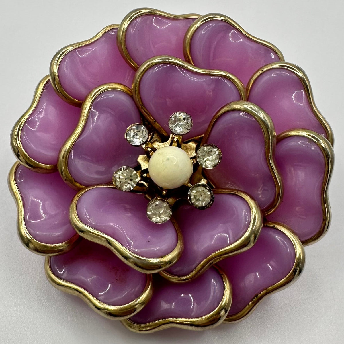 1950s vintage gold tone opaque pink molded glass layered flower floral brooch