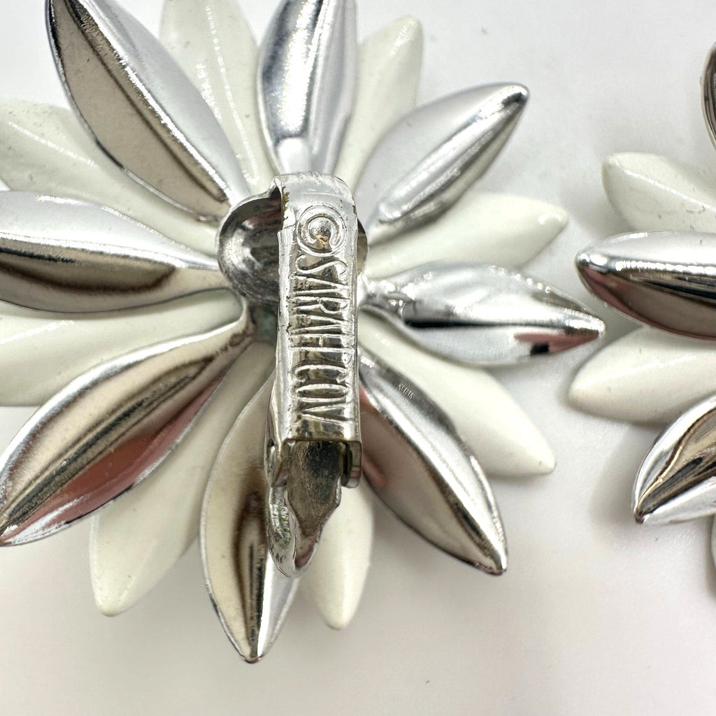 Sarah Coventry vintage silver tone white enamel flowers floral clip on earrings