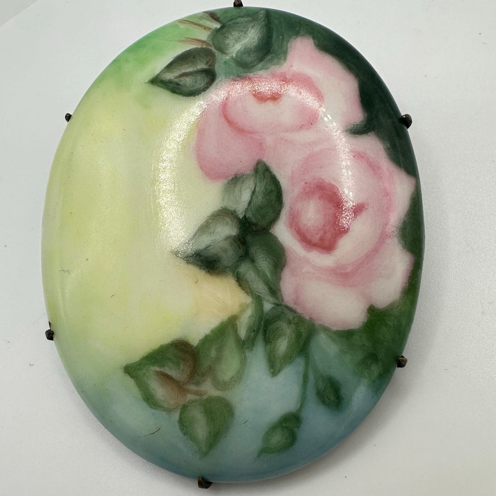 Antique Victorian Edwardian hand painted pink green yellow blue floral brooch