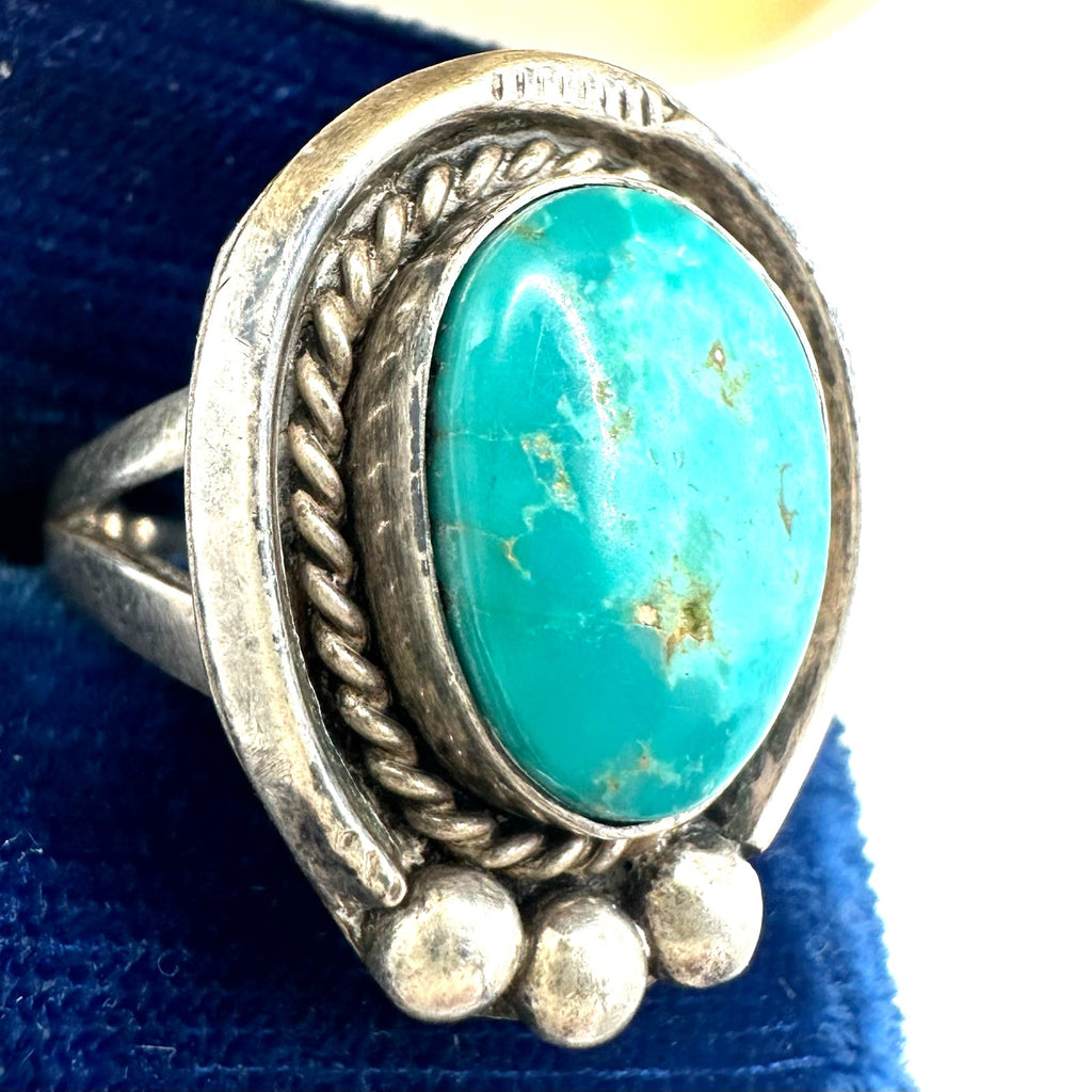 Navajo vintage sterling silver genuine turquoise gemstone roper ring size 7.25