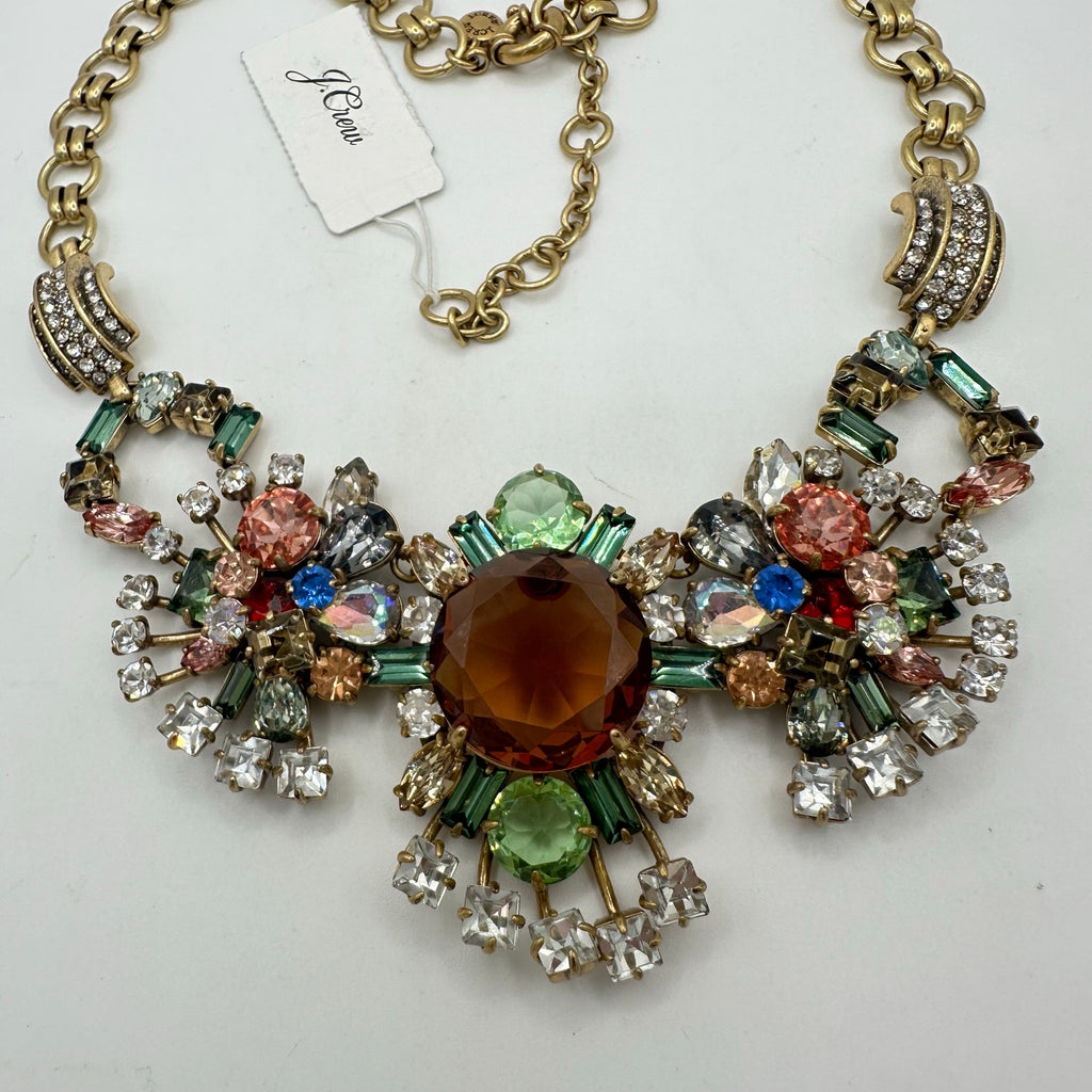 J. Crew NWT gold tone rainbow multicolor AB glass rhinestones statement necklace