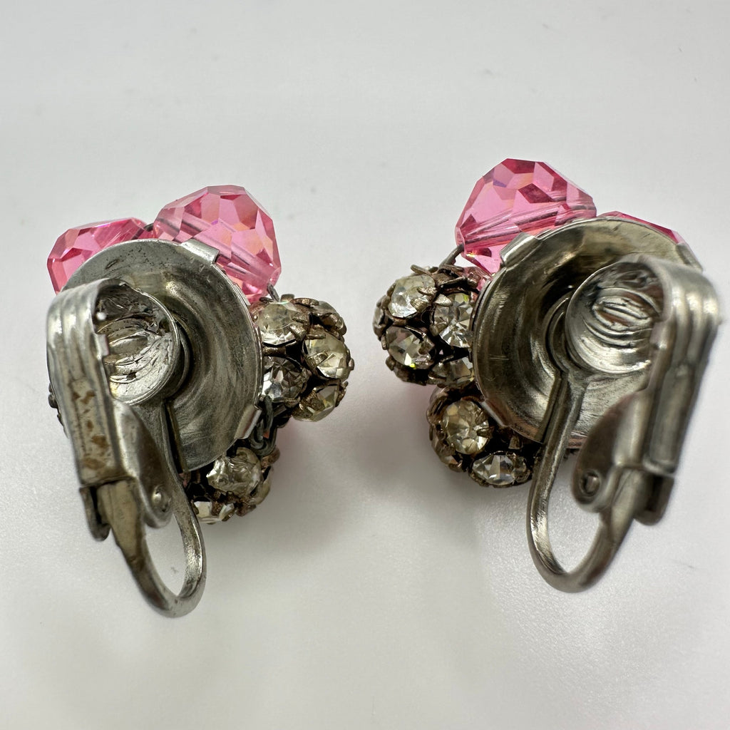 1950s vintage silver tone pink AB glass rhinestones beaded clip on earrings
