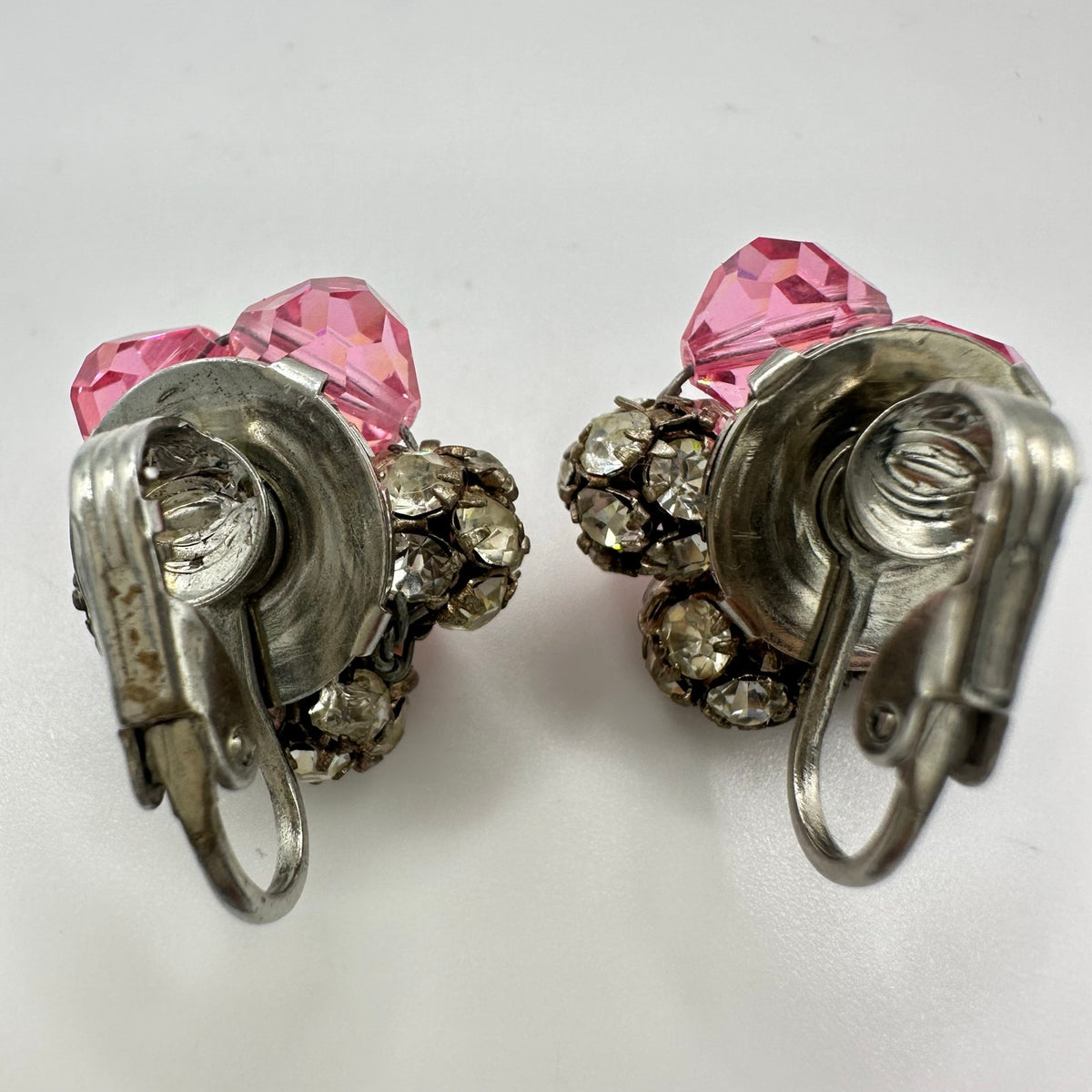 1950s vintage silver tone pink AB glass rhinestones beaded clip on earrings