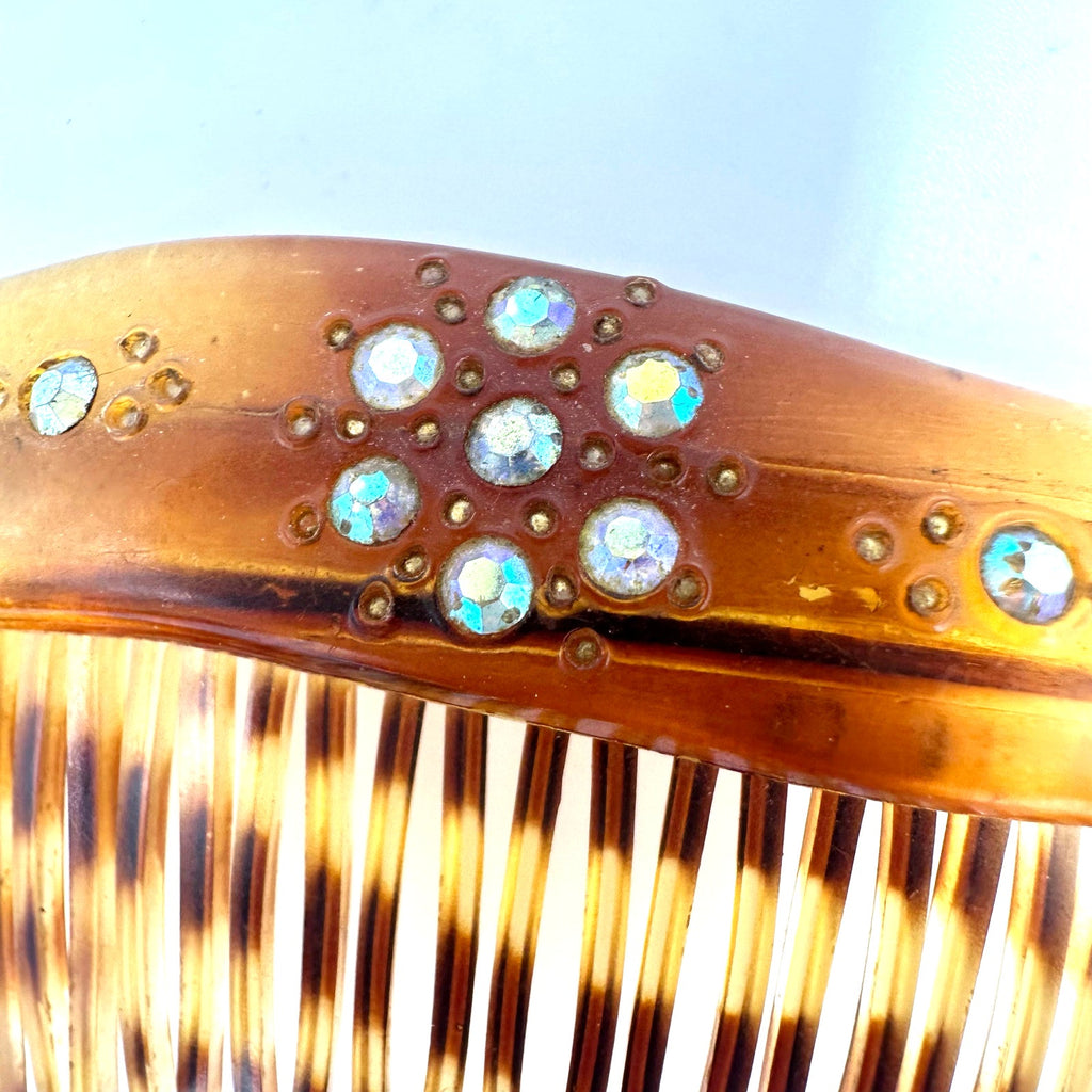 Made in USA vintage faux tortoiseshell celluloid AB rhinestones hair comb