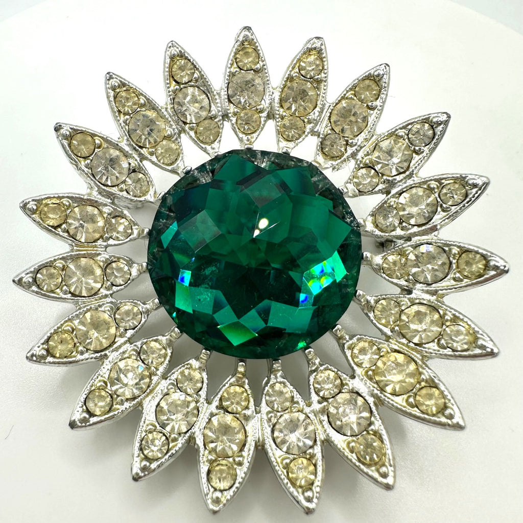 Sarah Coventry 1964 vintage silver tone green clear rhinestones Kathleen brooch