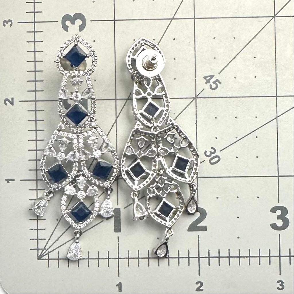Silver tone blue faux sapphire clear cubic zirconia CZ drop post earrings