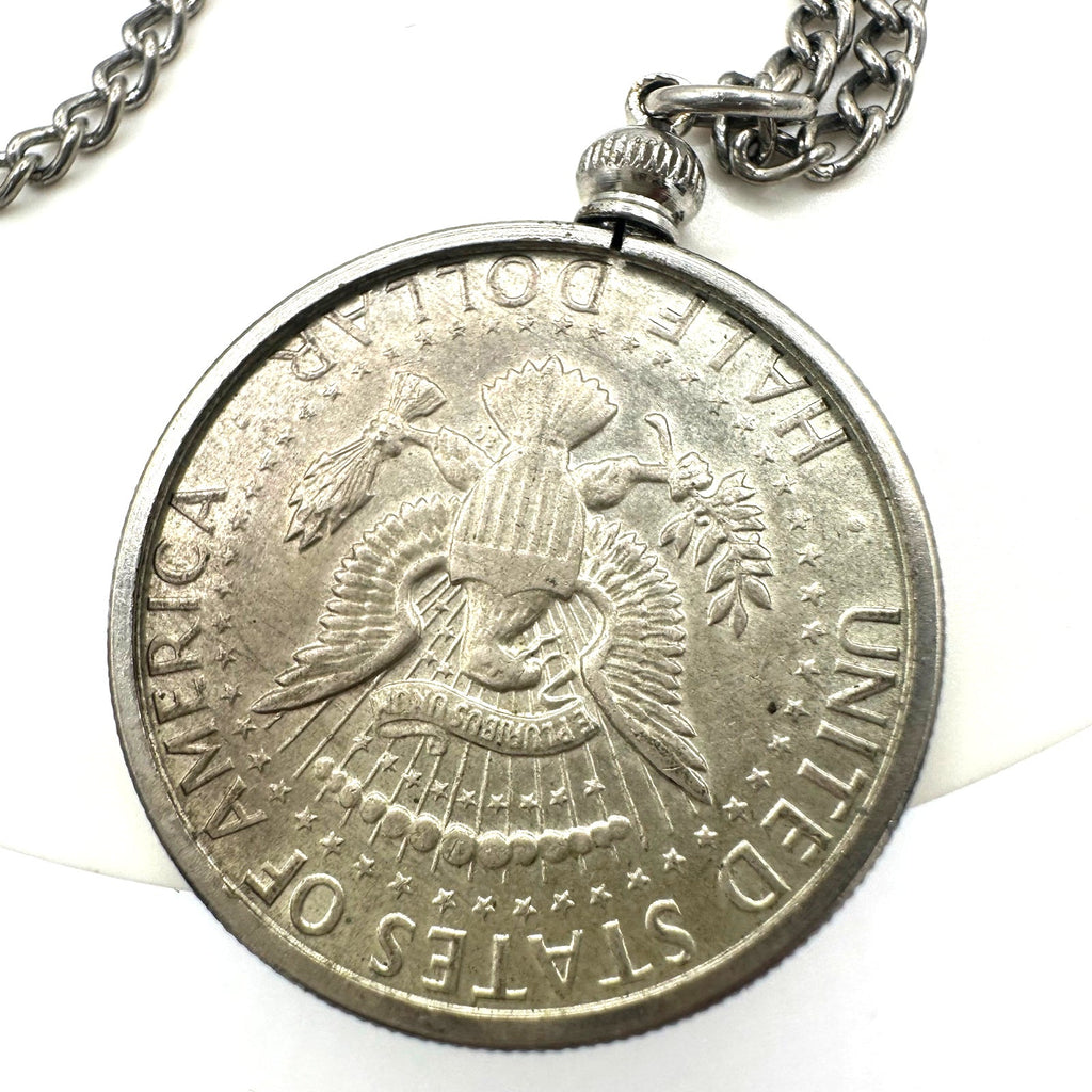 Vintage silver tone real 1966 Kennedy half dollar coin pendant 24" necklace