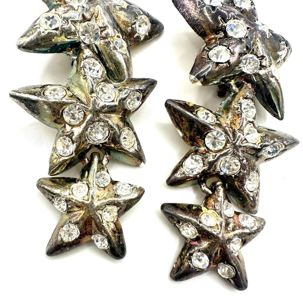 Vintage 1990s silver tone clear rhinestones 3 stars dangle drop clip on earrings