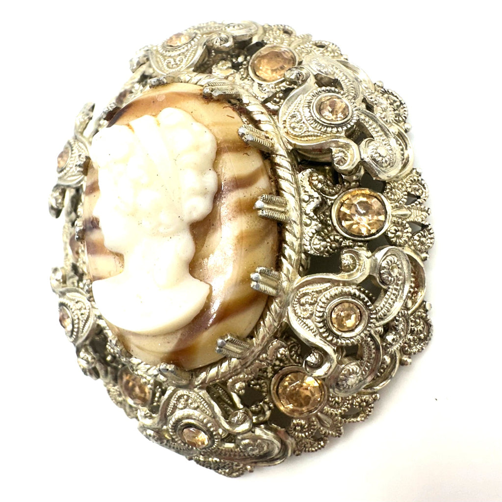 West Germany 1950s gold tone art glass agate cameo rhinestones filigree brooch