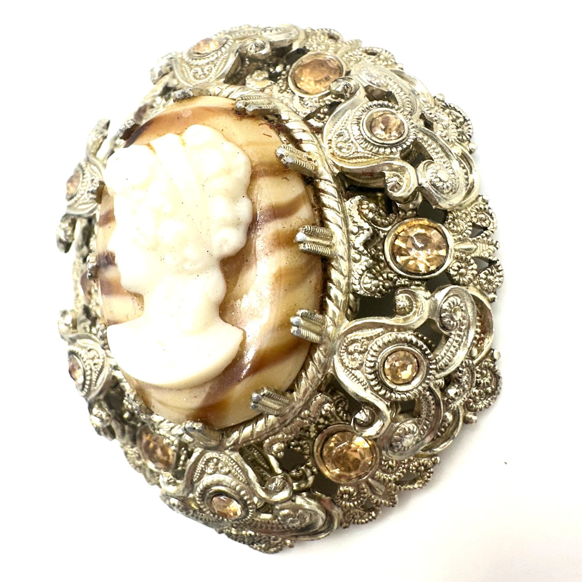 West Germany 1950s gold tone art glass agate cameo rhinestones filigree brooch
