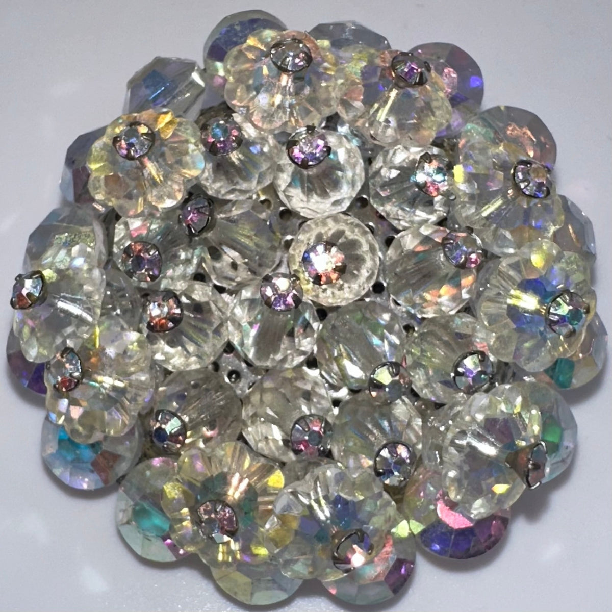 Vintage silver tone AB aurora borealis glass beaded margarita rhinestones brooch