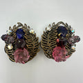 1950s vintage gold tone filigree art glass beads AB rhinestones clip on earrings