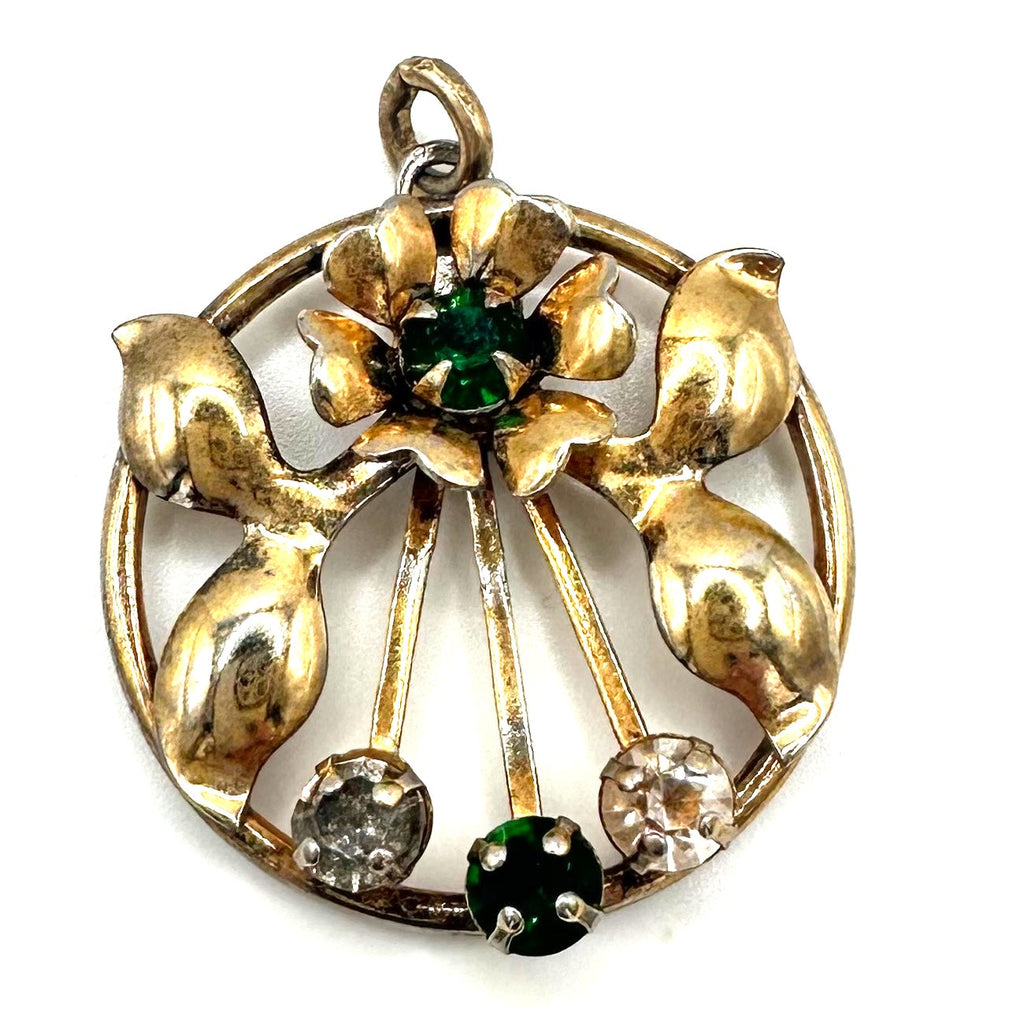 Leo Glass vintage sterling silver gold vermeil green clear rhinestones pendant
