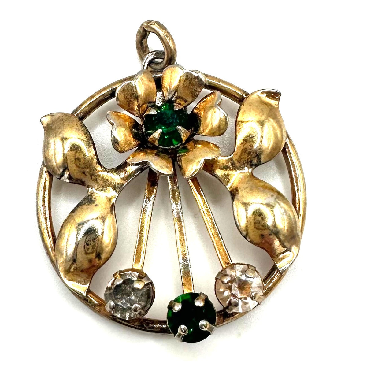 Leo Glass vintage sterling silver gold vermeil green clear rhinestones pendant