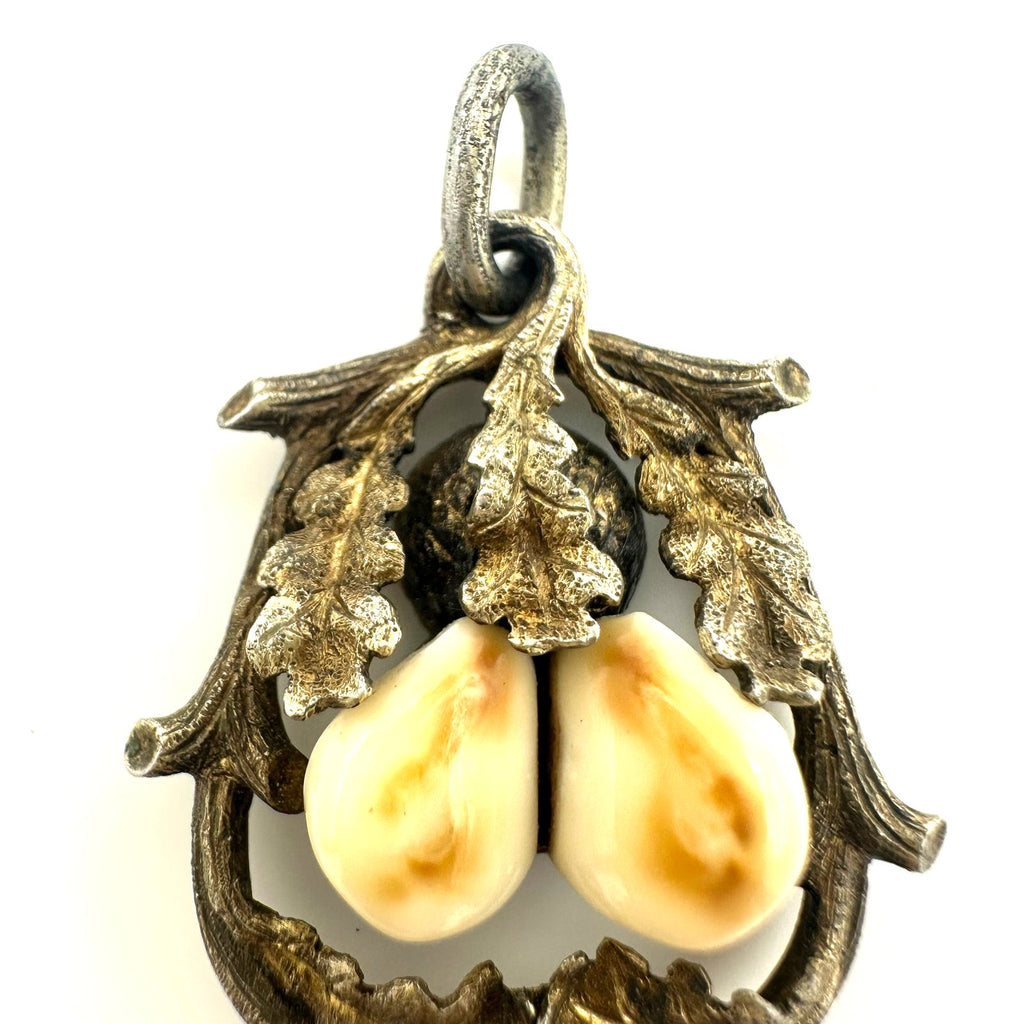 Antique Victorian Edwardian 800 silver real deer teeth acorn leaves pendant