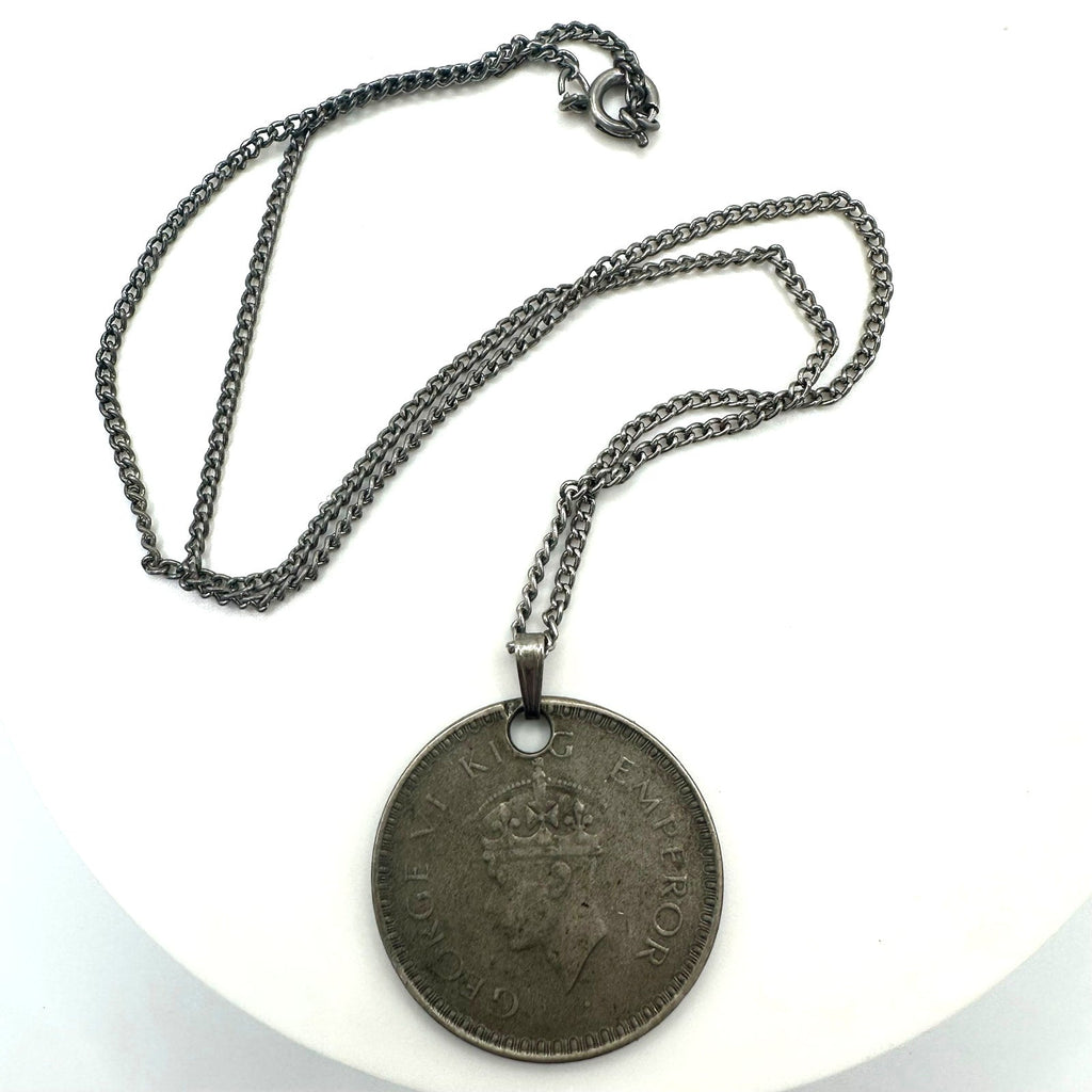 Vintage real 1944 Indian rupee 0.50% silver coin pendant 18" chain necklace