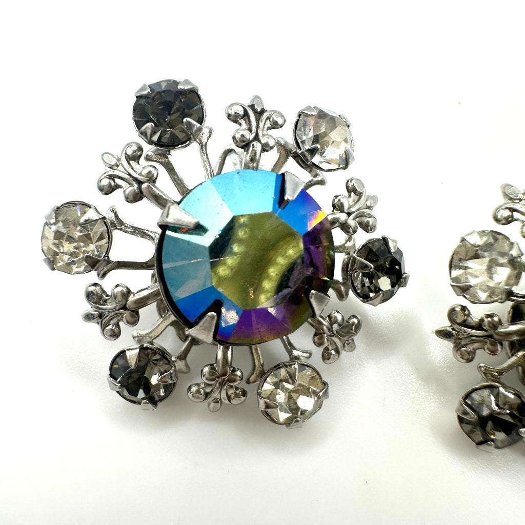 Vintage silver tone gray blue AB aurora borealis rhinestones clip on earrings