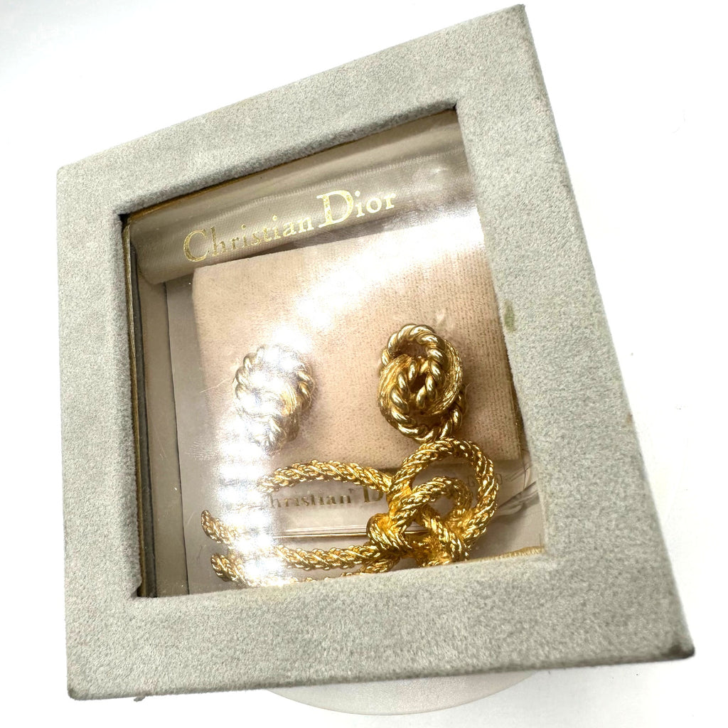 NWT Christian Dior gold plated twisted rope brooch knot post earrings in box