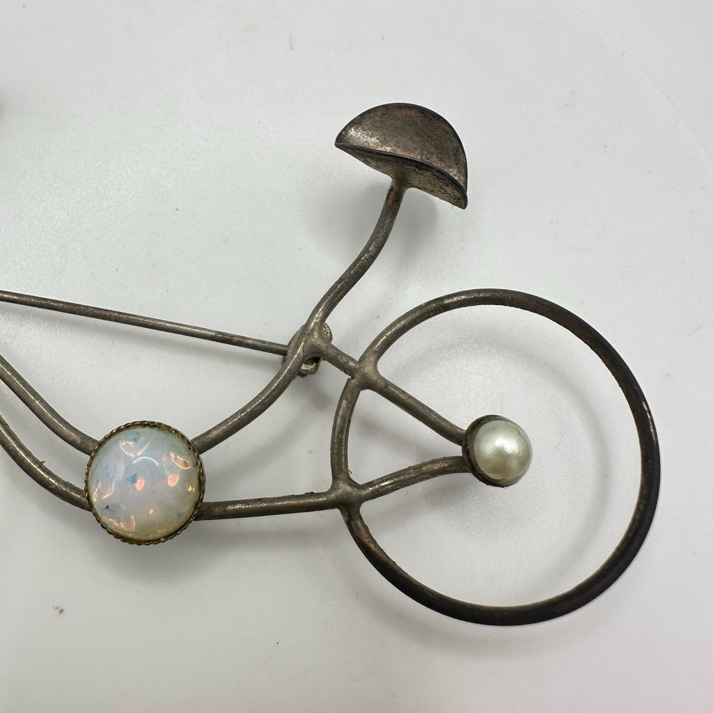 Vintage antique silver tone opalite glass red rhinestones bicycle bike brooch