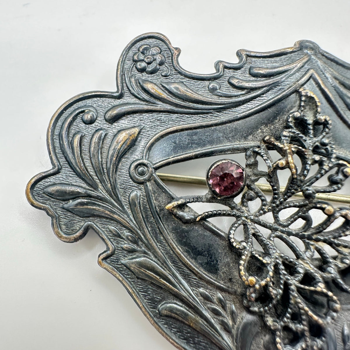 Antique 1900s Art Nouveau gilt silver brass purple rhinestone sash pin brooch