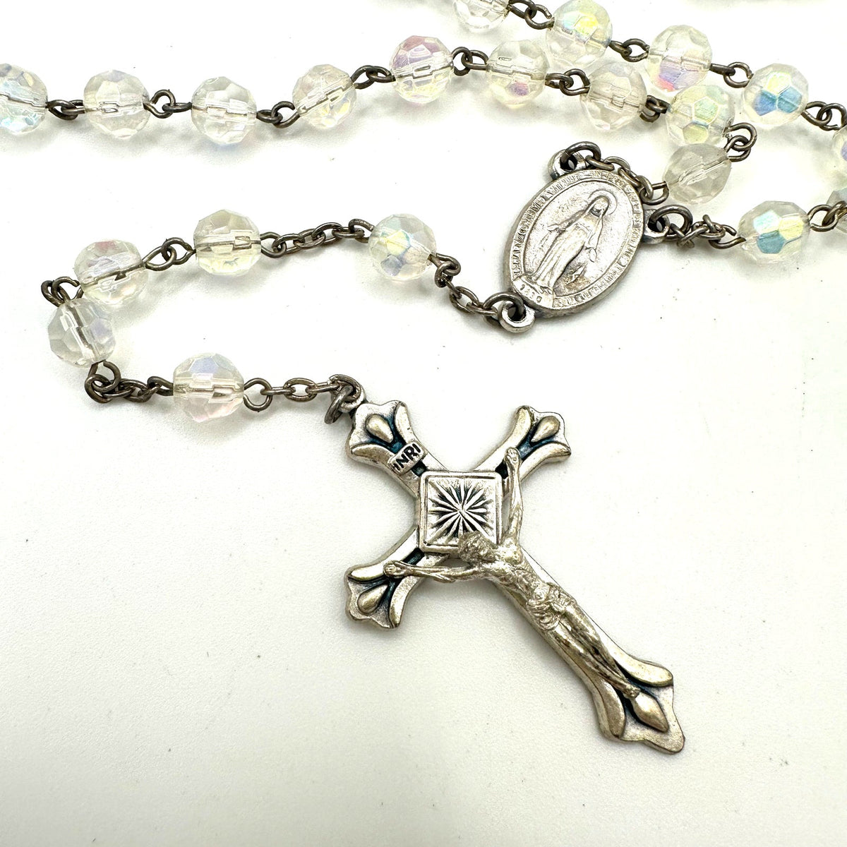 Italy silver tone clear glass AB aurora borealis beaded Catholic rosary necklace