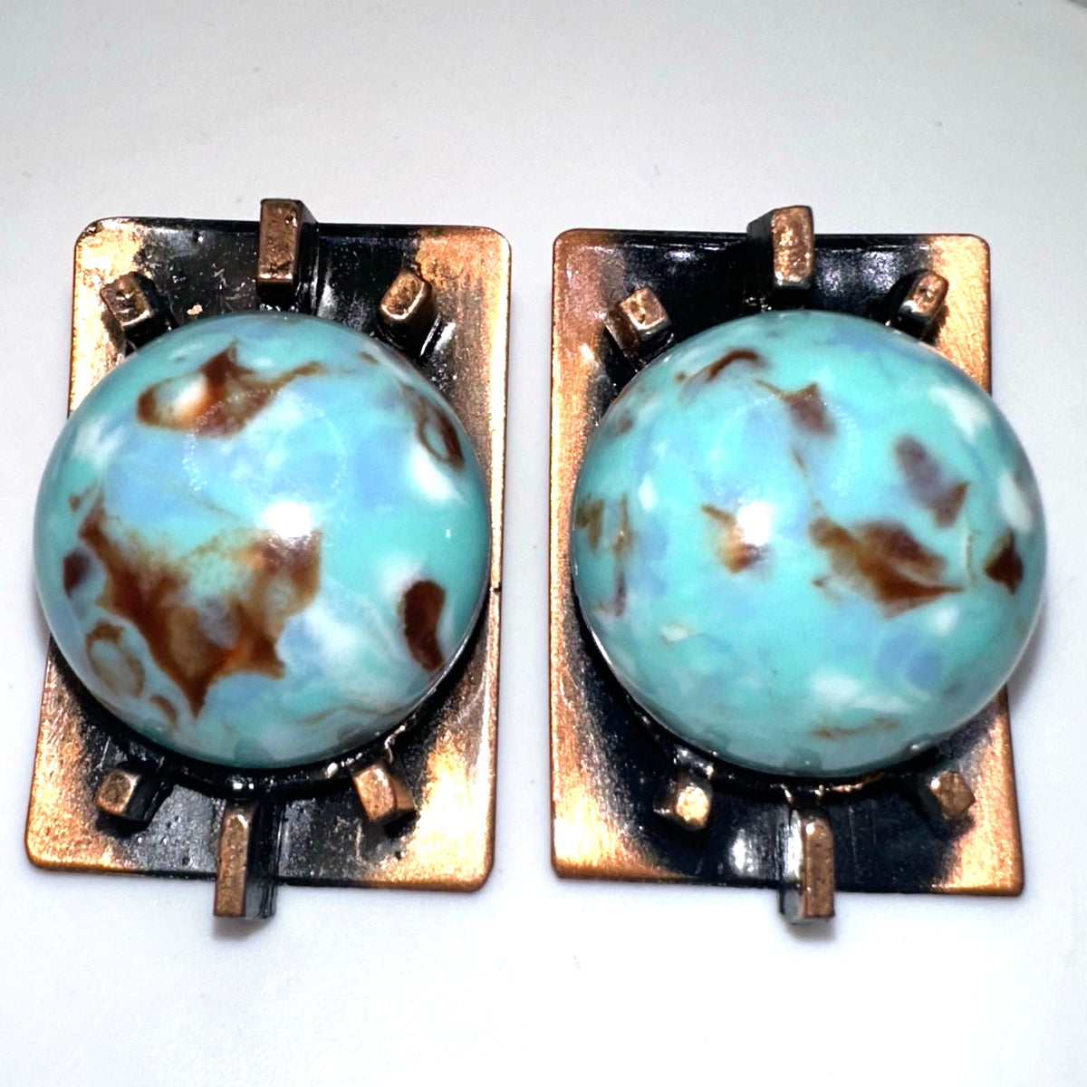 Midcentury vintage modernist copper turquoise lucite cabochons clip on earrings