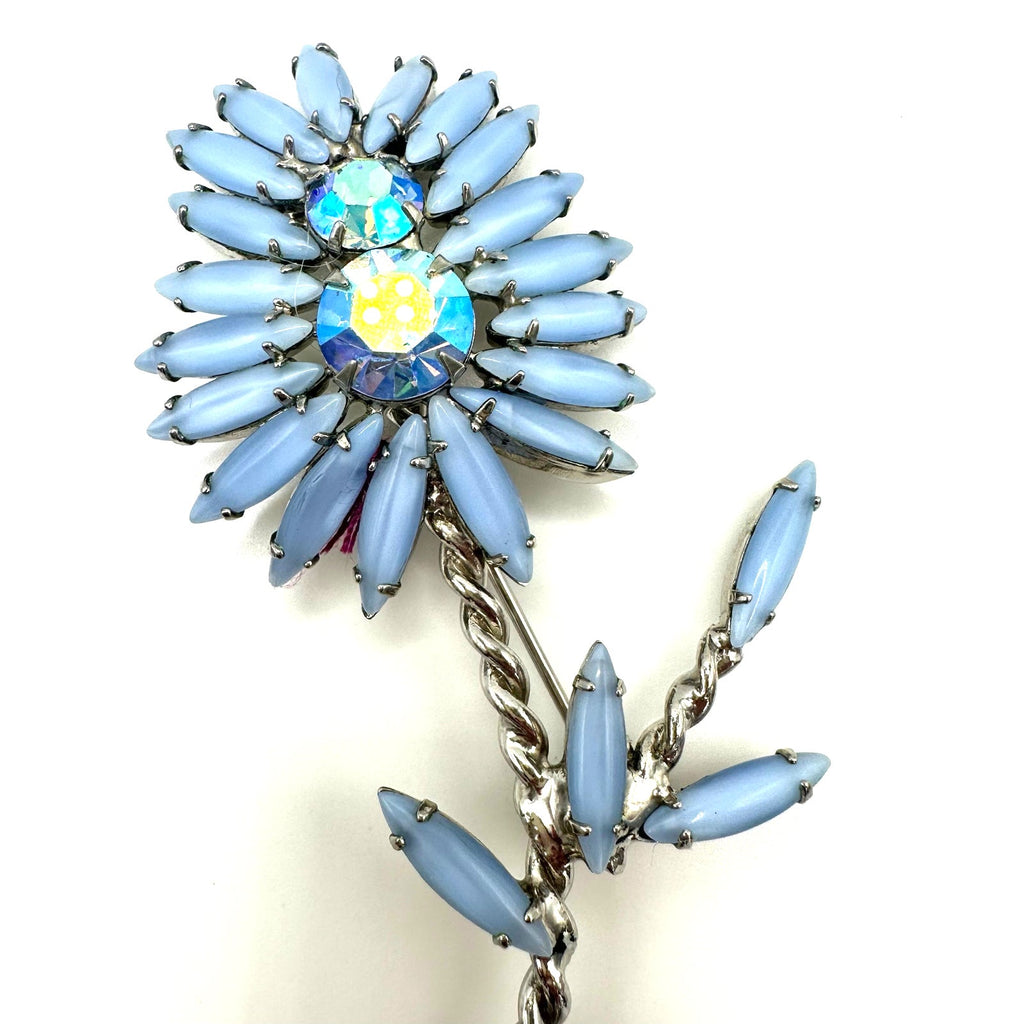Vintage silver tone large 4" blue glass AB rhinestones navettes flower brooch