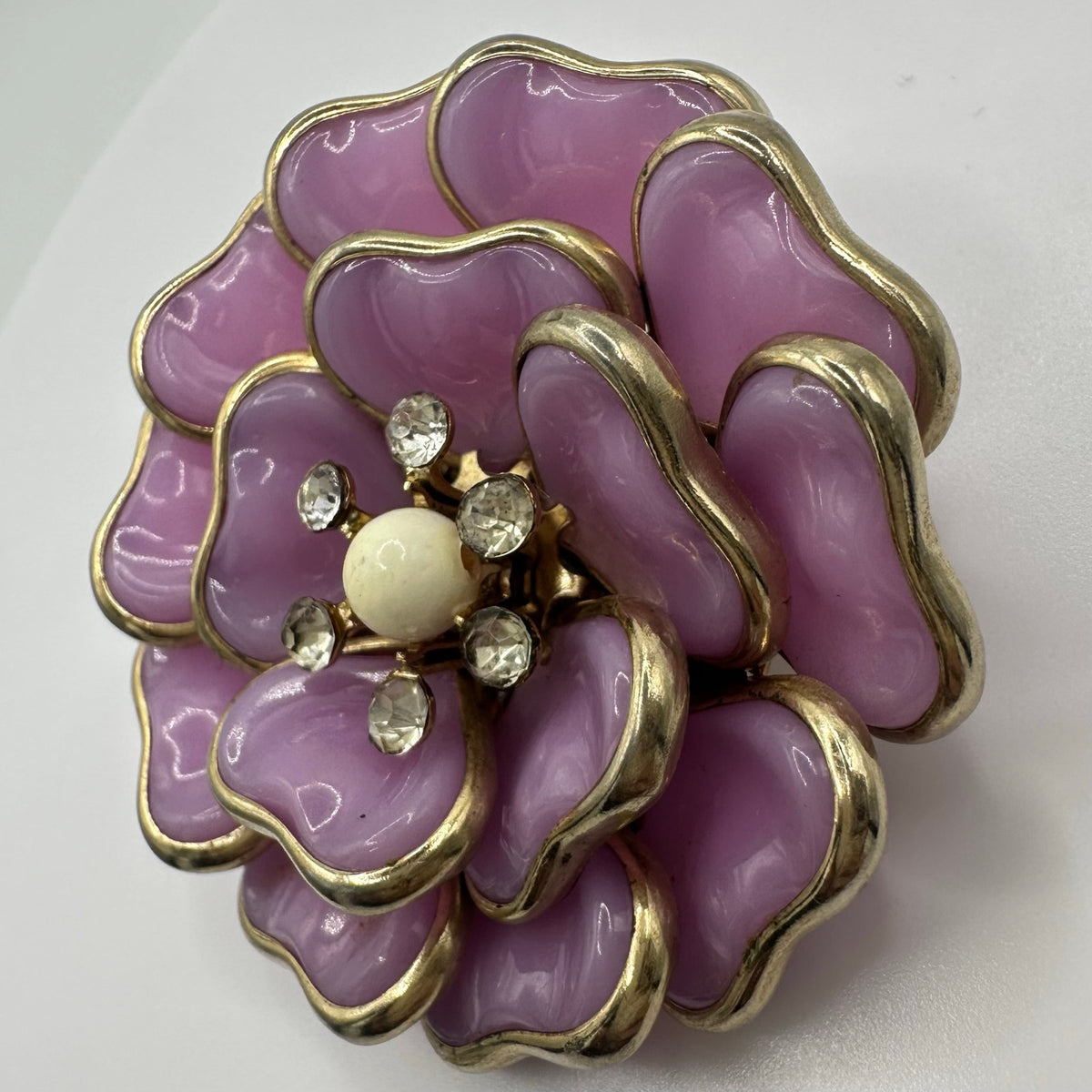 1950s vintage gold tone opaque pink molded glass layered flower floral brooch