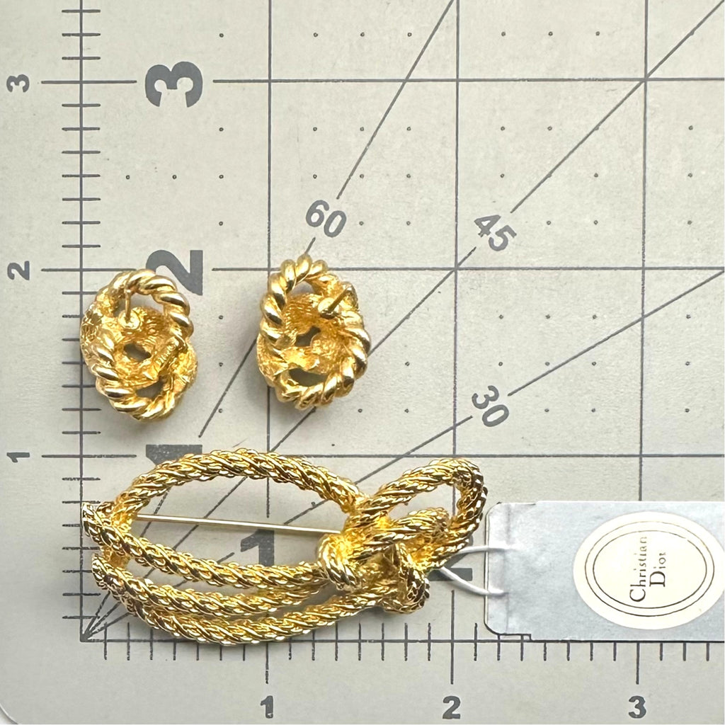 NWT Christian Dior gold plated twisted rope brooch knot post earrings in box