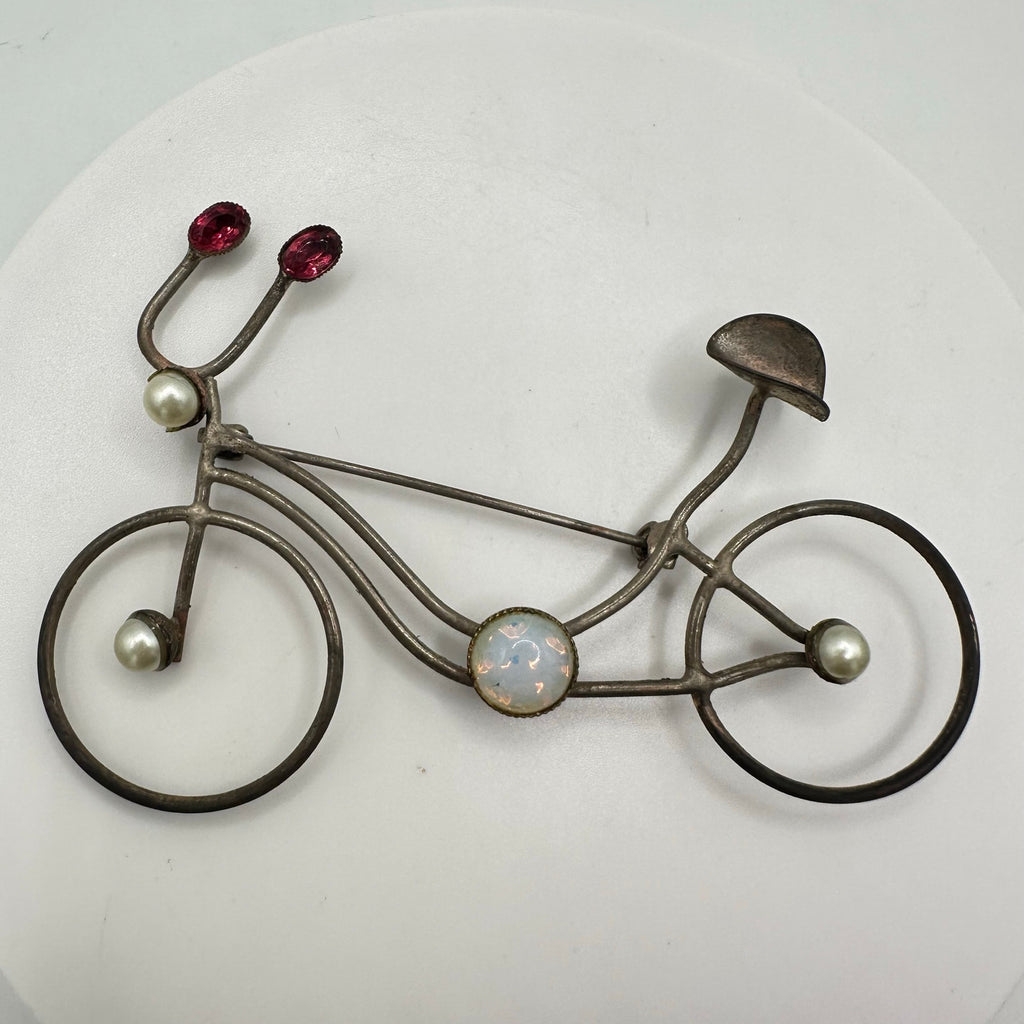 Vintage antique silver tone opalite glass red rhinestones bicycle bike brooch