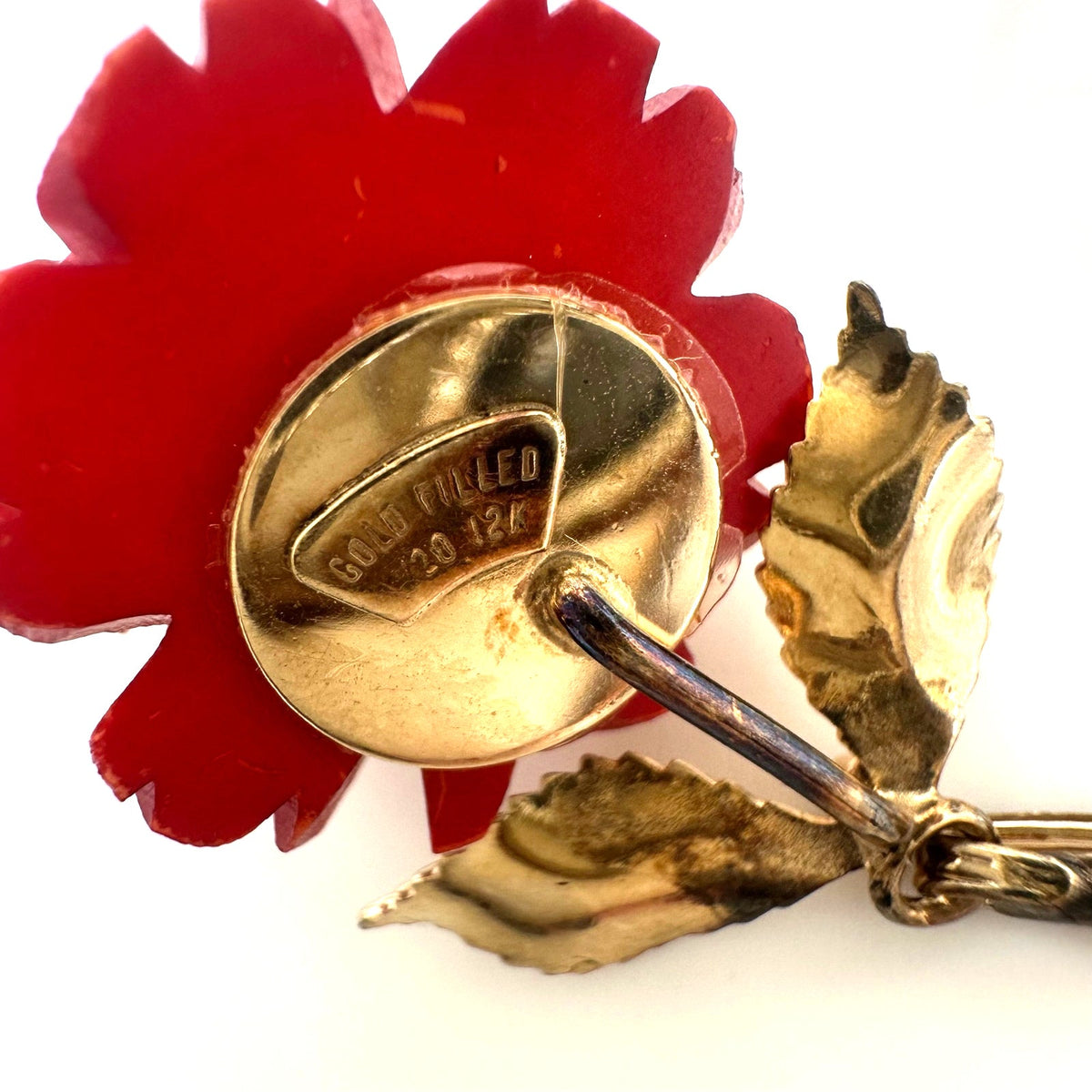Vintage 12kt gold filled red celluloid roses necklace screw back earrings set