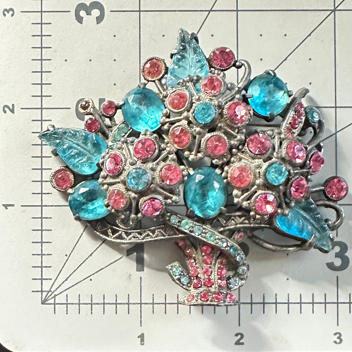 Antique Art Deco 1930s large pot metal pink blue molded glass rhinestones brooch
