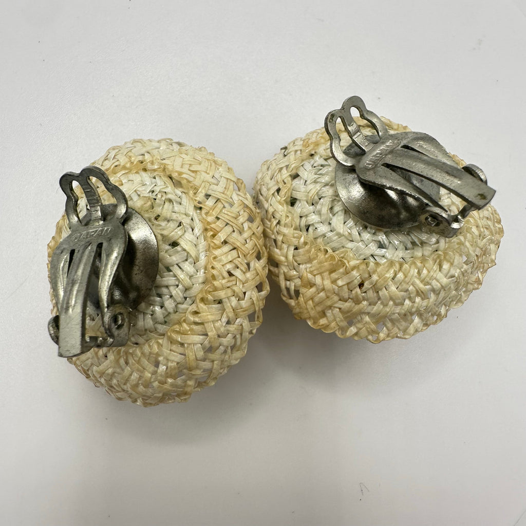 Japan vintage woven baskets pinecone bells berry beaded clip on earrings