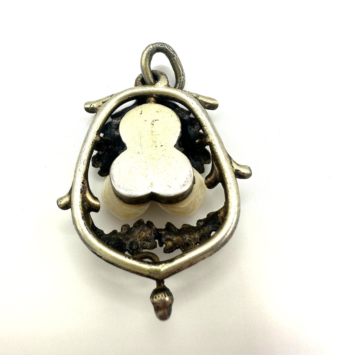 Antique Victorian Edwardian 800 silver real deer teeth acorn leaves pendant
