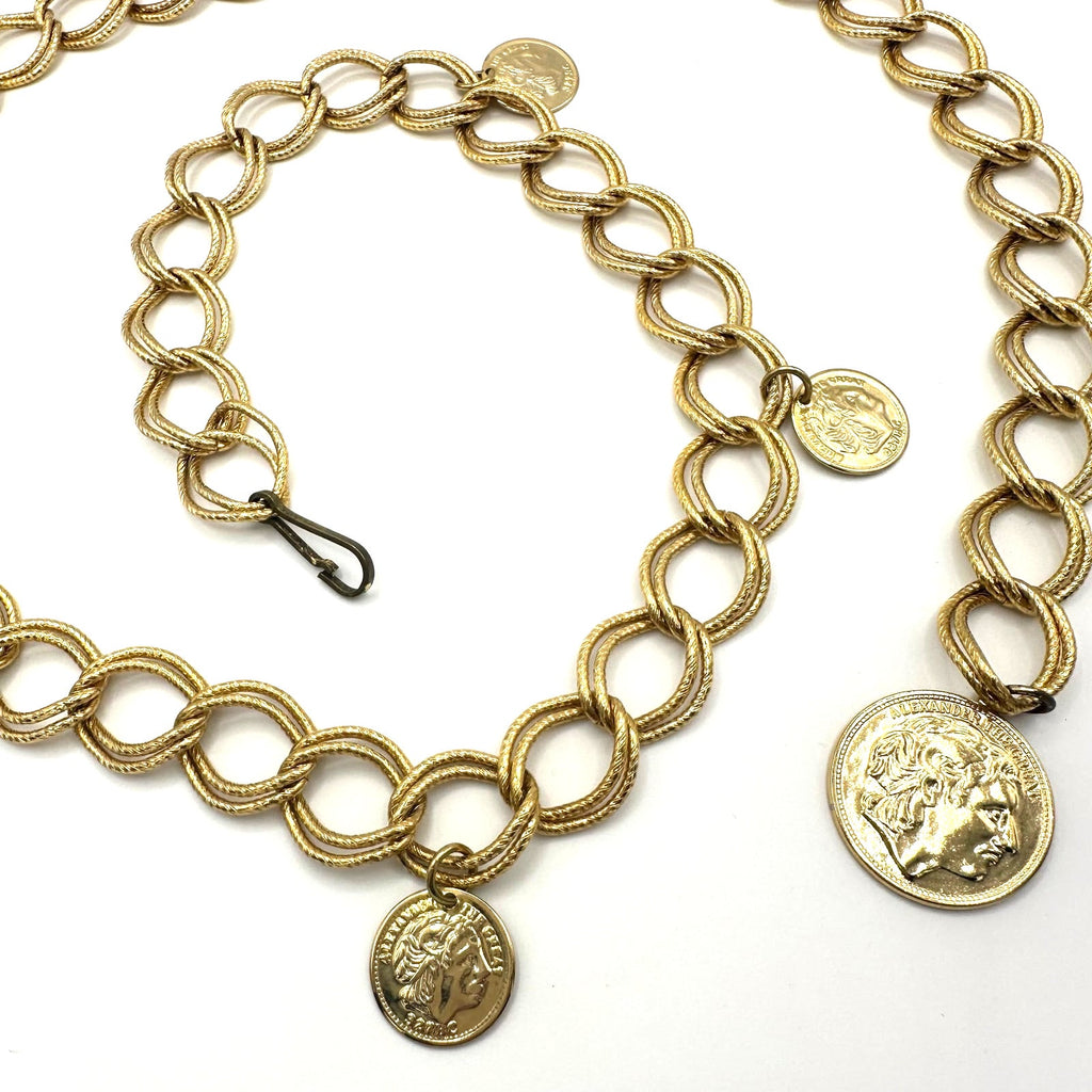 1980s 1990s vintage gold tone Alexander the Great coins adjustable chain belt