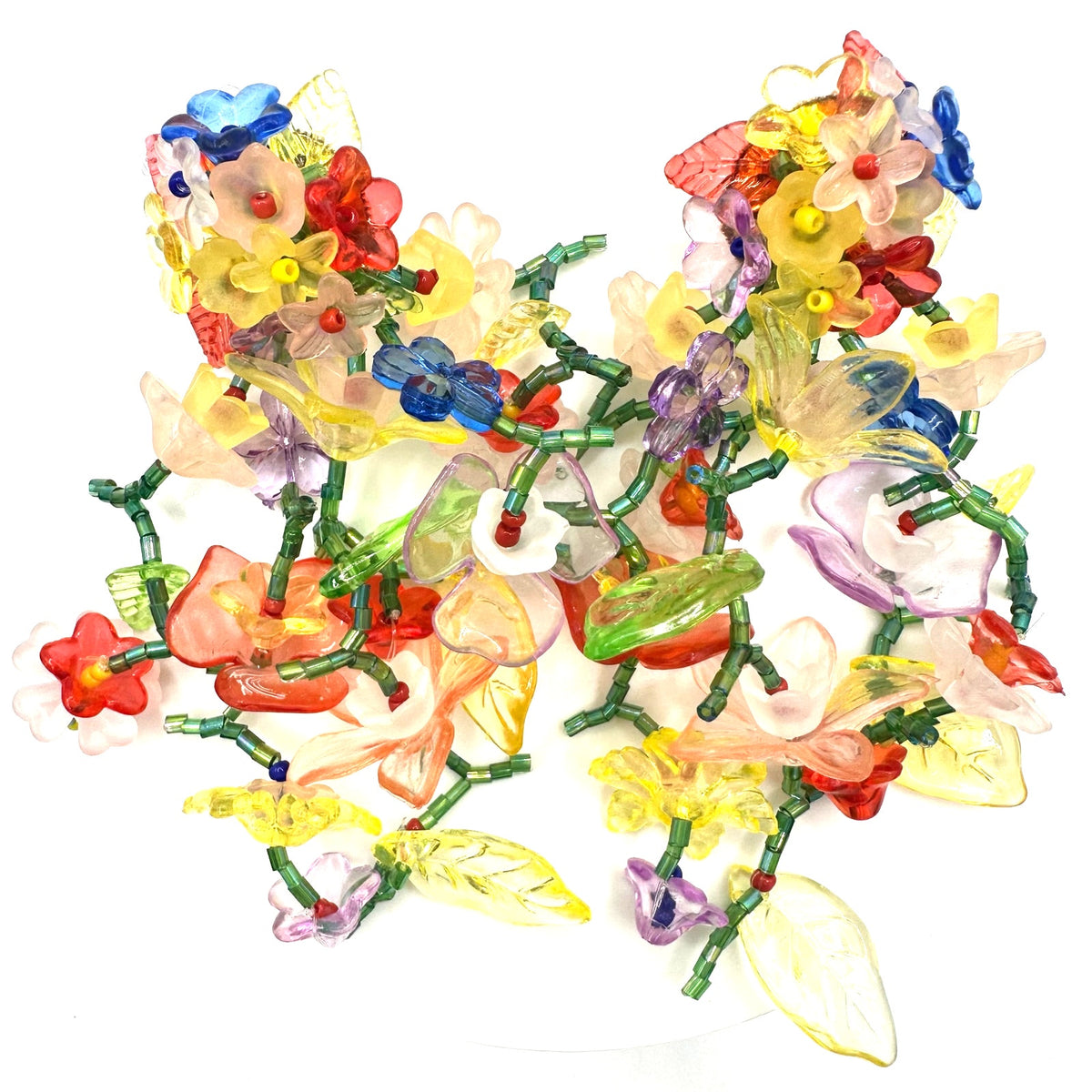 Multicolor plastic floral flowers beaded dangle 4" drop post statement earrings