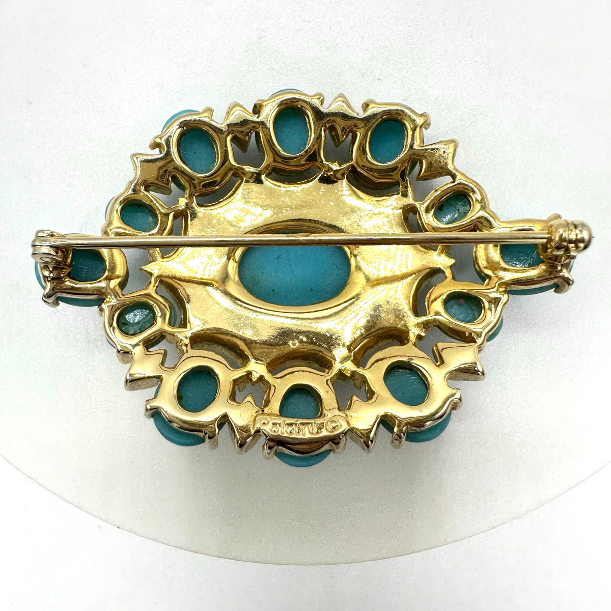 Polcini vintage gold tone clear rhinestones turquoise glass cabochons brooch