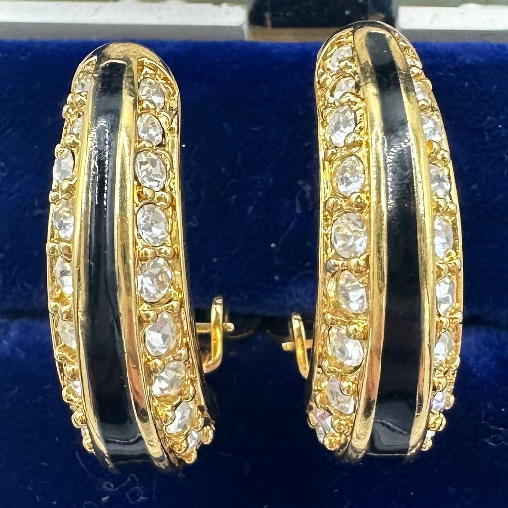 Swarovski Swan vintage gold plated crystals enamel half hoops clip on earrings
