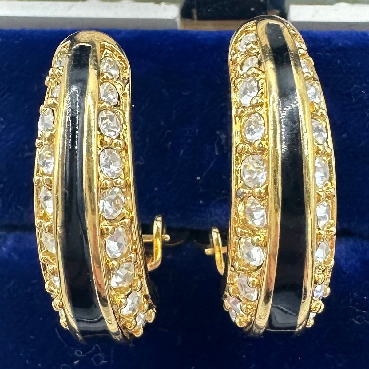 Swarovski Swan vintage gold plated crystals enamel half hoops clip on earrings