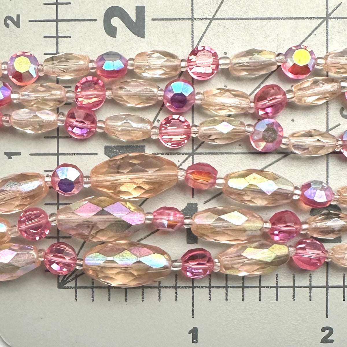 Vintage 3 triple multi strand pink AB aurora borealis glass beaded necklace