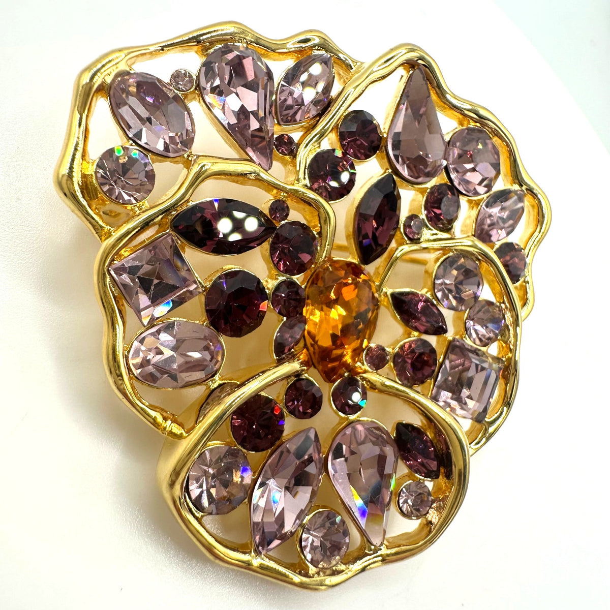 Nolan Miller vintage gold tone purple topaz rhinestones pansy flower brooch